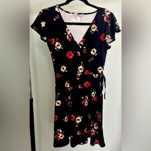 Black with flowers short flare v-neck dress